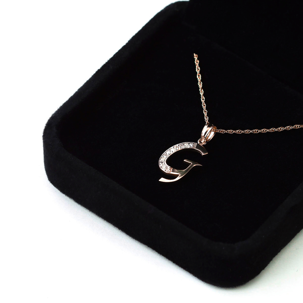 14K. SOLID GOLD NECKLACE WITH NATURAL DIAMONDS INITIAL 'G' PENDANT (Rose Gold) - Picture 5 of 5